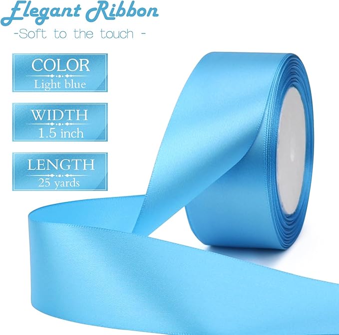 Light Blue Solid Satin Ribbon 1-1/2 Inch 25 Yards Solid Polyester Fabric Ribbon for Gift Wrapping Wedding Christmas Baby Shower Birthday Party Decoration Handmade Immortal Flower Craft