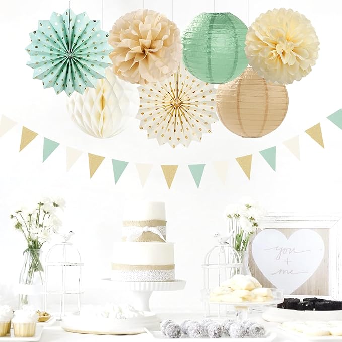 Sage-Green Champagne-Gold Baby Shower Party Decorations - 20pcs Neutral Birthday Paper Lanterns Fans,Boho Wedding Tissue Pom Poms,Honeycomb Streamers Banner,Bridal Graduation Rustic Decor Burgleda