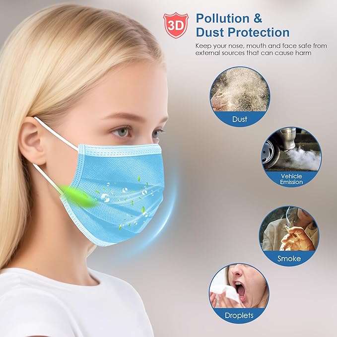 NNPCBT Blue Disposable Face Masks 125 Pack,3-Ply Breathable Mask For Adults,Great For Outdoors,Home, Office, School