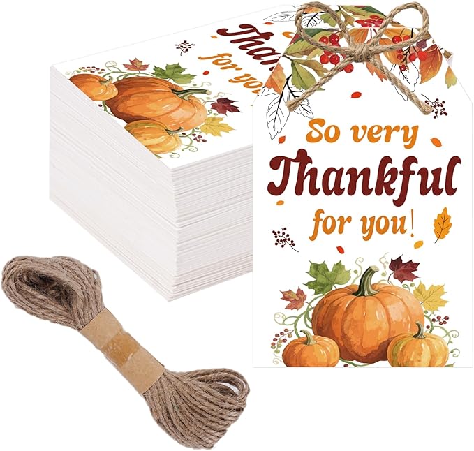 50Pcs Thanksgiving Gift Tags with String, 3.3x2.1 Inch So Very Thankful for You Tags with Pumpkin Leaf, Thanksgiving Name Tags for Gift Bags Fall Day Autumn Holiday Party Favors DIY Craft