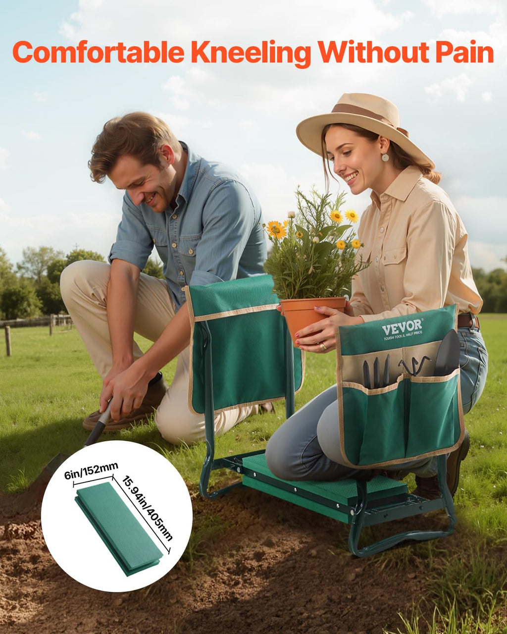 VEVOR Garden Kneeler and Seat Heavy Duty, Portable Garden Stool with 6'' EVA Kneeling Pad and 2 Tool Bags, Folding Garden Bench to Relieve Knee & Back Pain, Great Gifts for Seniors, Family Gardeners