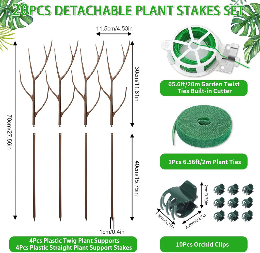 4 Pack 27.56" Detachable Twig Plant Support Stakes Set, Blends in to Plant, Branch Plant Sticks with Orchid Clips Twist Plant Ties, Twig Trellis for Indoor Outdoor Plants Potted Plants Flower