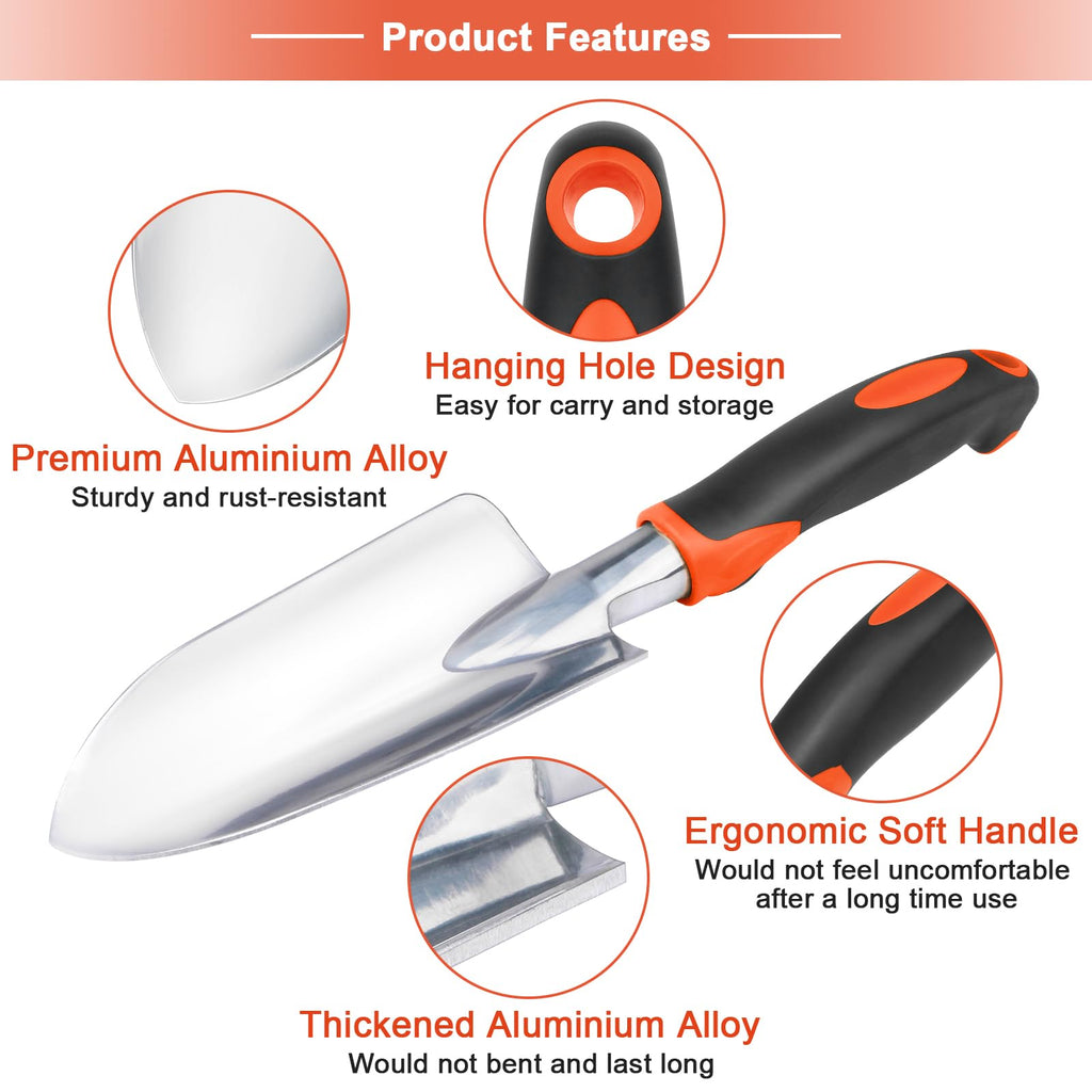 Garden Tools Set, 3 Pack Heavy Duty Gardening Tools Set Include Garden Shovel, Transplant Trowel and Hand Rake with Ergonomic Handle, Aluminum Alloy Lawn for Planting, Orange
