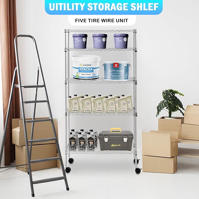 PayLessHere 14" D x 30" W x 60" H Shelves Storage Shelves Shelving NSF Certified 5 Tier Adjustable Shelf with Sliding Wheels Versatile Storage Solution Effortless Assembly and Mobility, Chrome