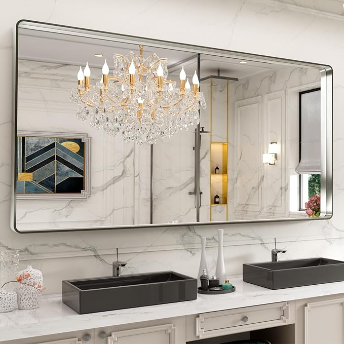 LOAAO 72X40 Inch Brushed Nickel Bathroom Mirror, Rounded Rectangle Silver Metal Frame Mirror, Brushed Nickel, Anti-Rust, Hangs Horizontally or Vertically