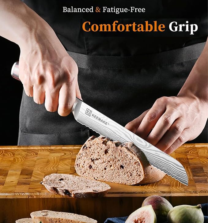 KEEMAKE Serrated Bread Knife 8-inch Ultra Sharp High Carbon Stainless Steel Bread Slicer Knife for Homemade Breads Sourdough Bagels Cakes and Soft Produce - Ergonomic Pakkawood Handle, w/Sheath