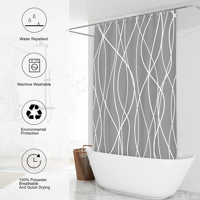 Punkray Dark Grey Shower Curtain for Bathroom with Hooks Shower Curtain Set, White Stripe Bath Curtains Decorative Shower Curtains Water Repellent Washable, 72 x 72