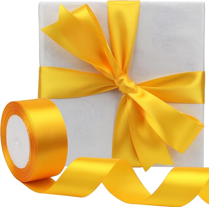 Yellow Solid Satin Ribbon 1-1/2 Inch 25 Yards Solid Polyester Fabric Ribbon for Gift Wrapping Wedding Christmas Baby Shower Birthday Party Decoration Handmade Immortal Flower Craft