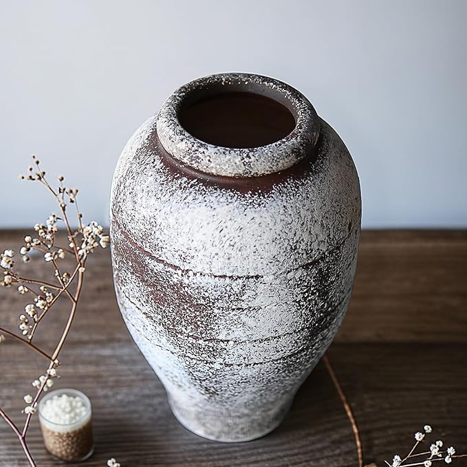 Antique Brown Ceramic Flower Vase for Living Room Bedroom 9.06'' Farmhouse Decor for Bouquet Fake Plant Home Decor Office Table Shelf Fireplace Centerpieces Rustic Retro Vintage Classic Modern