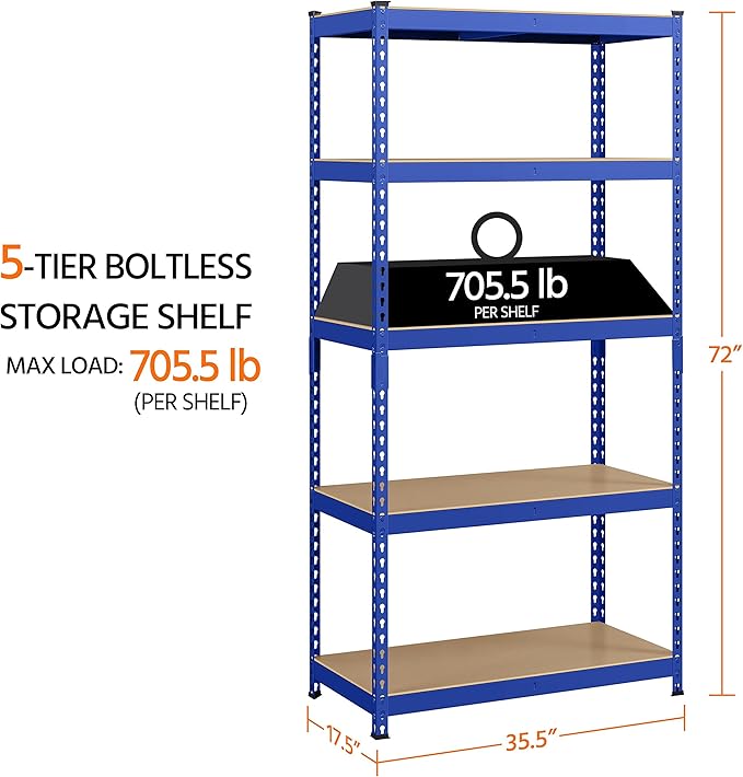 Yaheetech Storage Shelves 5 Tier Garage Shelving Heavy Duty Garage Shelves Adjustable Metal Shelving Unit Utility Rack Industrial Shelving for Warehouse Pantry Closet, 35.5″W × 17.5″D × 72″H, Blue