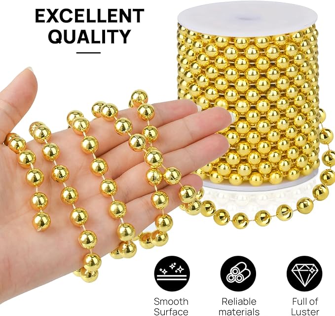 Craft String Pearls 10MM Pearl Bead, 33Feet Gold Faux Pearl Garland Spool Roll Strand Wedding Party Decoration, Christmas Tree Decorations