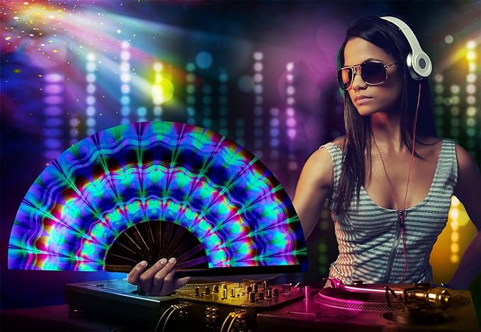 Amajiji Rave Folding Hand Fan Popping Fans for Line Dancing, Large Clacking Fans Clap Fan for Boots On The Ground Dance,Party,Decoration,Festival (Trippy)