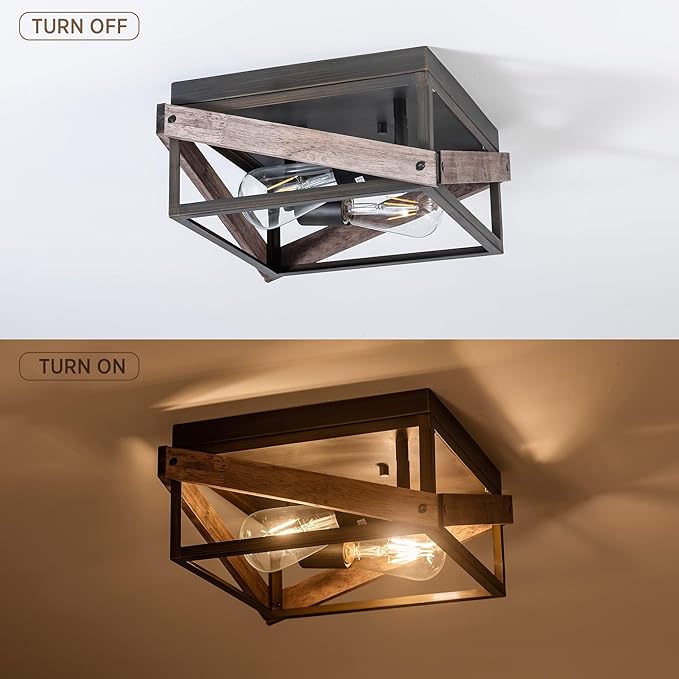 MAYNA 2-Light Rustic Ceiling Light Fixture, Farmhouse Flush Mount Ceiling Light, Metal and Wood Square Ceiling Lamp for Hallway Living Room Farmhouse, Antique Bronze Finish