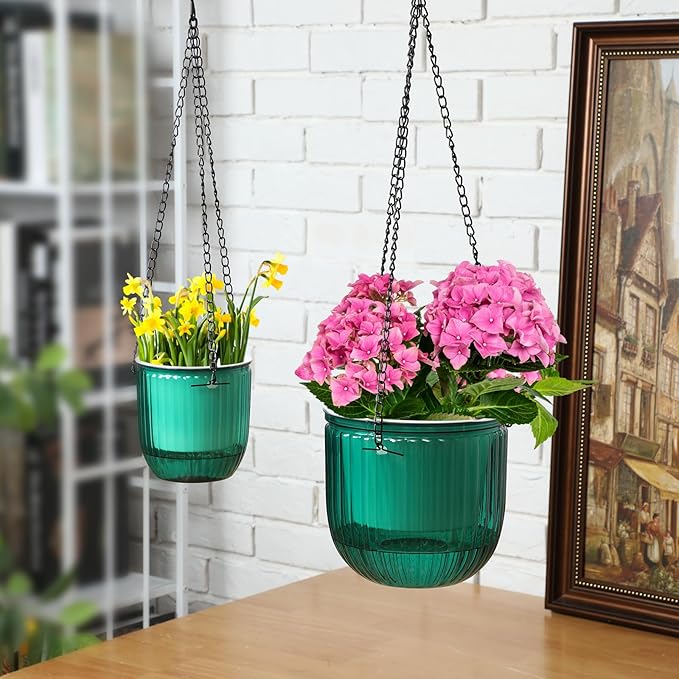 Maxcheck 4 Pcs Self Watering Hanging Planters Indoor Gift 6.5'' 4.5'' Hanging Flower Pots Baskets Outdoor Self Watering Plant with 3hooks Drainage Holes for Home(Emerald)