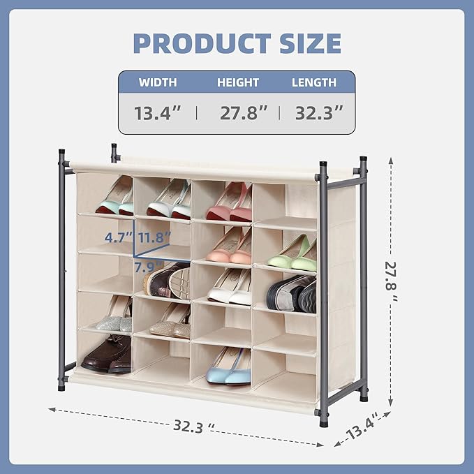 STORAGE MANIAC Stackable Shoe Cubby Organizer, Free Standing Shoe Cube Rack for Entryway, Bedroom, Apartment, Closet, 20-Cube Beige