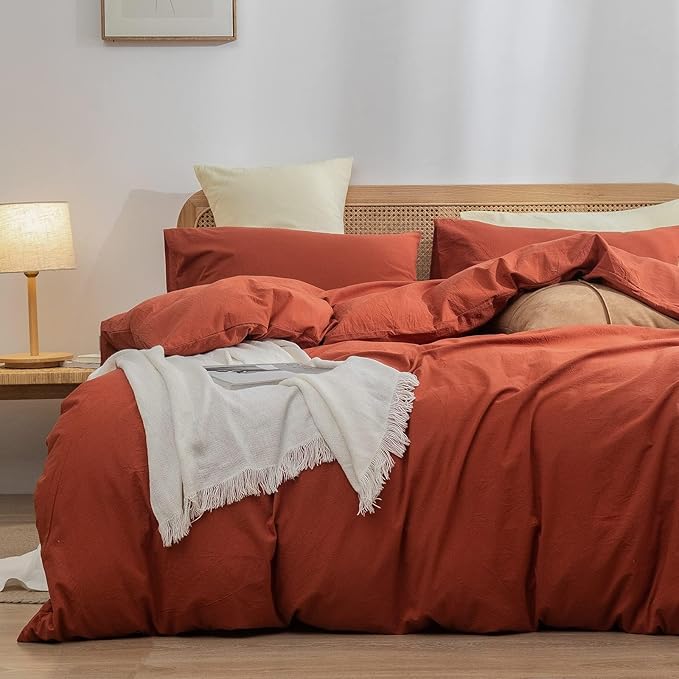 BESTOUCH Duvet Cover Set 100% Washed Cotton Linen Feel Super Soft Comfortable Chic Lightweight 3 PCs Home Bedding Set Solid Burnt Brick Red Oversized Full