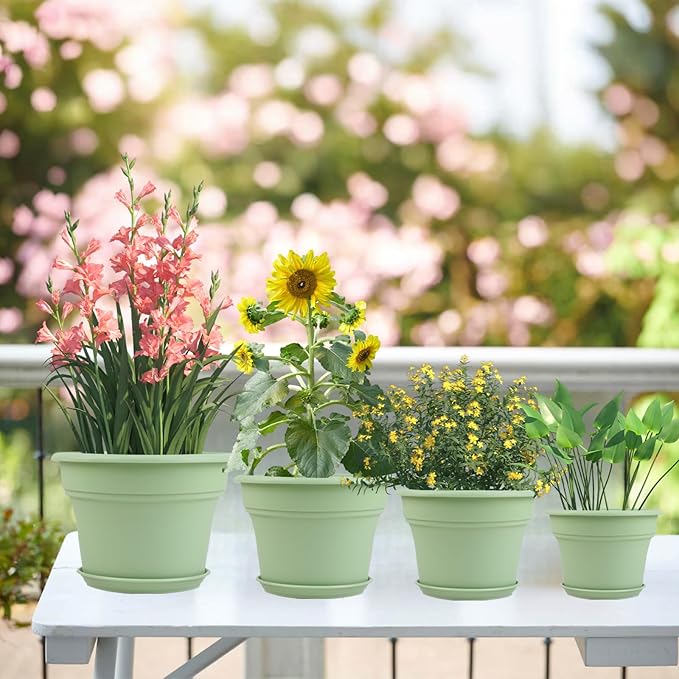 10 Inch Plastic-Flower-Pot-for-Indoor-Plants, 4 Pack Large Outdoor Planter Pot with Drainage Holes & Saucers, Resin Decorative Garden Pots Planters