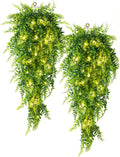 RECUTMS Artificial Boston Ferns 4 Pack Fake Hanging Plants with 30 LED Lights Faux Ivy Vine Leaves Plastic Greenery UV Resistant for Home Bedroom Wall Porch Garden Wedding Decor (Green)