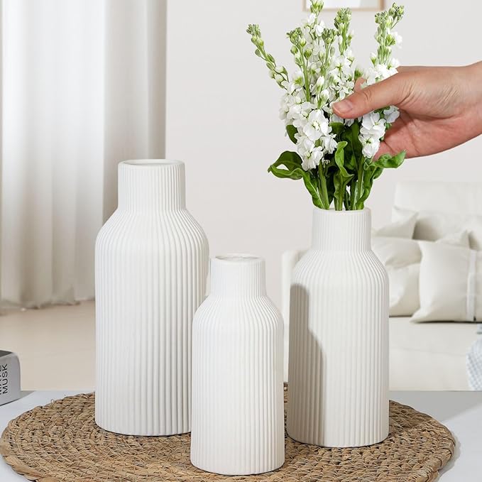 Ceramic Vase Set of 3, White Vase for Modern Home Decor, Decorative Vases for Bouquet Pampas Grass Dried Flowers, Living Room, Bedroom, Bathroom, Shelf Centerpiece Table Decorations