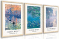 Cyebmo Vintage Botanical Wall Art Set of 3, Claude Monet Water Lilies Art Prints, Impression Sunrise Water Lilies Seine River Poster Prints for Living Room Bedroom Bathroom Wood Framed 16"x24"x3