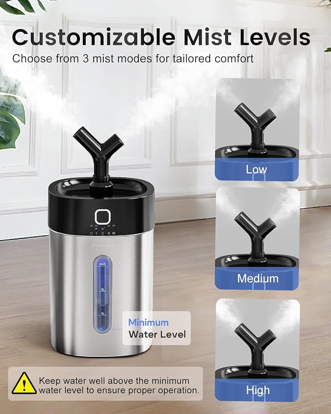 Feekaa Stainless Steel Humidifier Easy Clean, 1Gal/4L Cool Mist Humidifiers for Bedroom, Dishwasher Safe Humidifier Large Room, Humidifiers for Bedroom Baby Nursery Living Room Office, Black