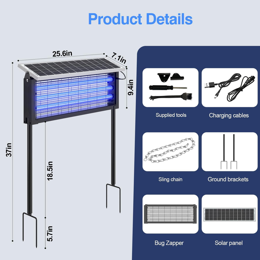 Solar Bug Zapper Outdoor, 30W Large Mosquito Zapper, Electric Mosquito Killer Outdoor, Waterproof & Portable Fly Killer, Rechargeable Flying Insect Trap for Patio, Yard, Garden, Home, Camping, Black