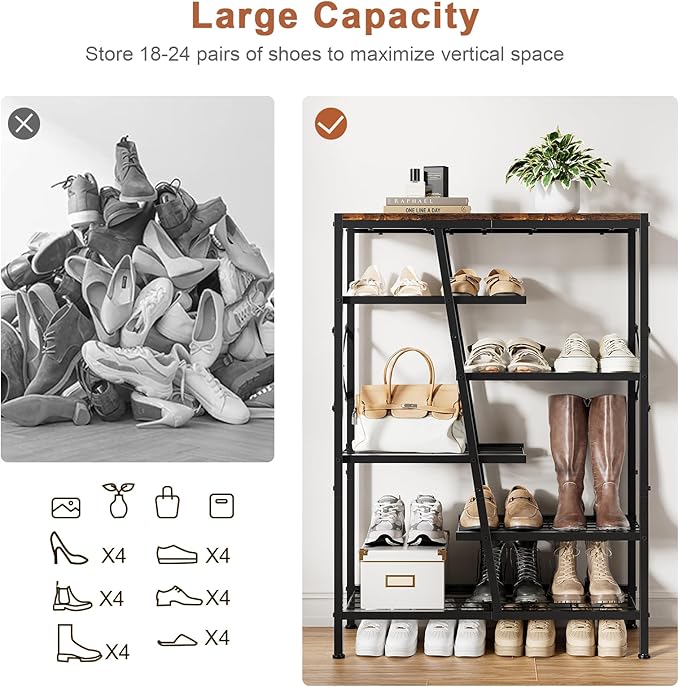 Shoe Rack, 6-Tier Boot Rack, Wooden Storage Organizer for Tall Boots, Sneakers, Metal Shoe Rack Organizer with Metal Mesh Shelves, 10-12 Pairs of Shoes for Closet, Entryway, Rustic Brown