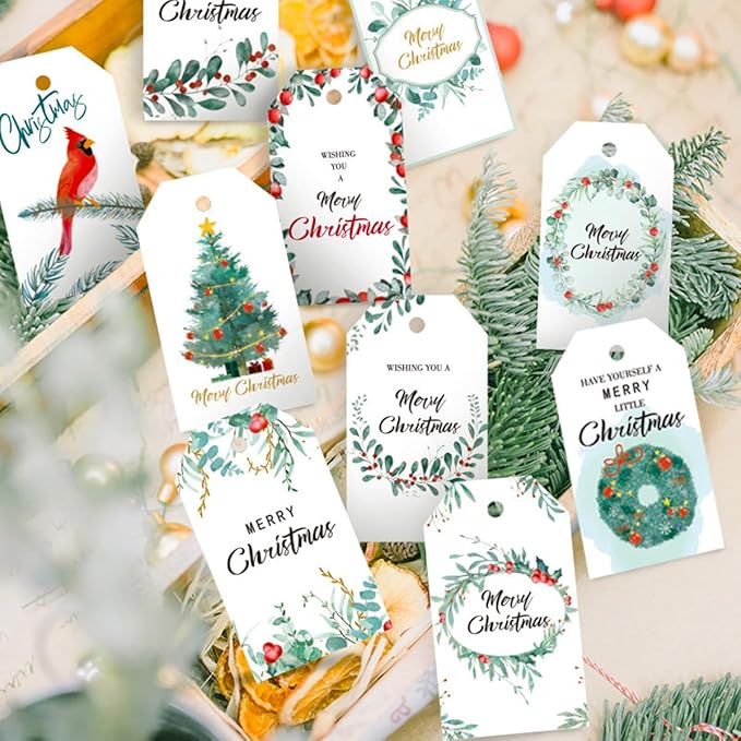 100 Pack Beautiful Christmas Gift Tags， Xmas Beautiful Gift Tags with Jute Twine Baker Twine for DIY Xmas Holiday Present Wrap Stamp and Label Package Name Card
