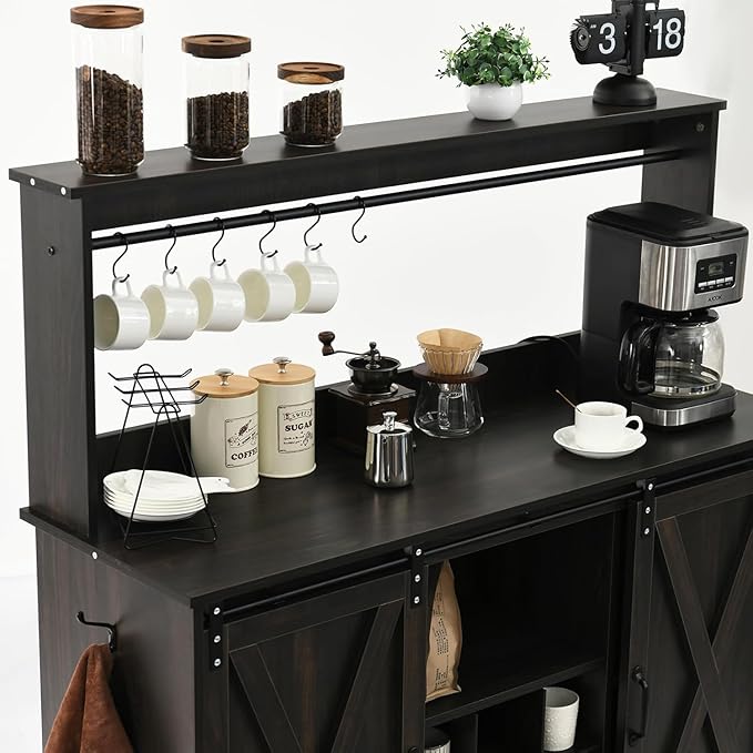 4ever2buy Farmhouse Coffee Bar Cabinet with 9 Wine Racks and 6 Hooks, 47 Inch Wine Cabinet with Storage, Kitchen Buffet Cabinet with Adjustable Shelves for Living Dining Room, Dark Oak