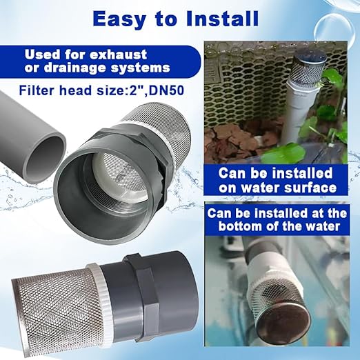 2" Stainless Steel Filter Cover Connected to 2 inch/DN50 Grey PVC Filter Water Pipe, Suction Strainers Used to Remove Debris and Reduce Solid Entry（1pcs）