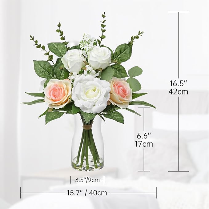 Hollyone Faux Flowers in Vase Artificial Silk Rose Flowers with Faux Eucalyptus Plants Arrangement with Vase Rose Flowers Bouquets Table Centerpieces Decorations Living Room Office Bathroom Home Decor