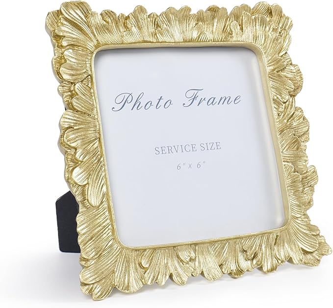 Cuspin 6x6 Gold Picture Frame, Vintage Gold Palm Leaves Textured Hand-Crafted Resin Frames with Glass Front, Retro Square Photo Frame for Wall and Tabletop Display Home Decor