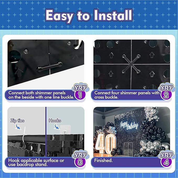 Qcity Hot Pink Shimmer Wall Backdrop 36PCS, Black Back Not See-Through Design, Square Sequin Glitter Backdrop Panel, Perfect for Outdoor Events, Birthdays, Wedding and Party Decoration