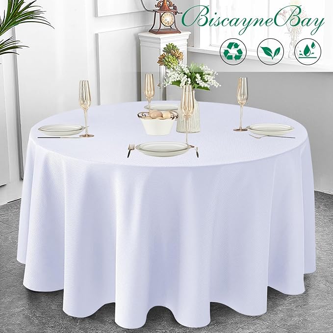Biscaynebay Textured Fabric Round Tablecloths 90", White Water Resistant Table Cloths Circle Folding Table Covers Linen for Dining, Kitchen, Wedding and Parties etc.