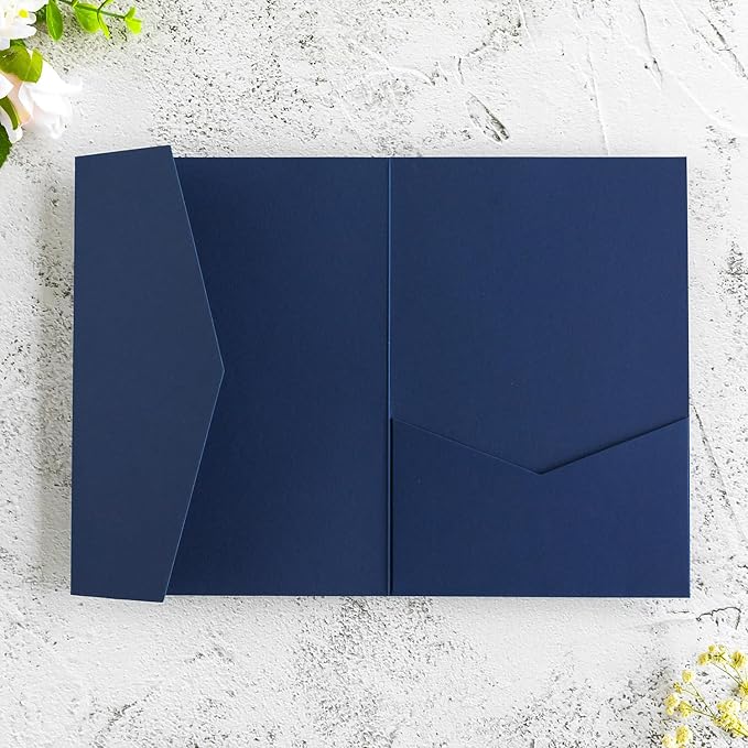 20 PCS Navy Blue Tri-fold Laser Cut Wedding Invitation Pockets for 5x7 Wedding Cards Bridal Shower Engagement Quinceanera Invitation
