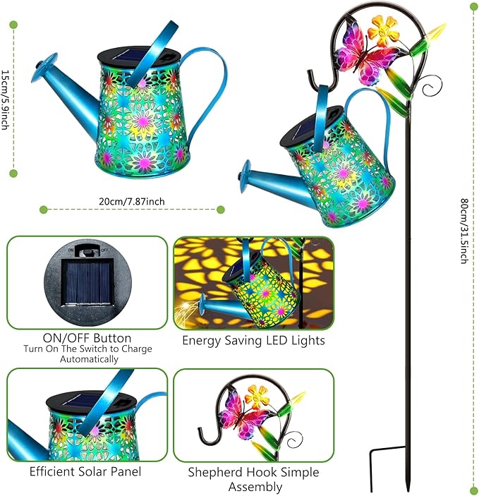 2 Pack Solar Lights Outdoor Decorative, Blue Metal Solar Watering Can Lights Waterproof, Gifts for Women Mom Grandma Mother's Day, Hanging Lanterns Decoration Garden Decor for Outside Yard Patio Lawn