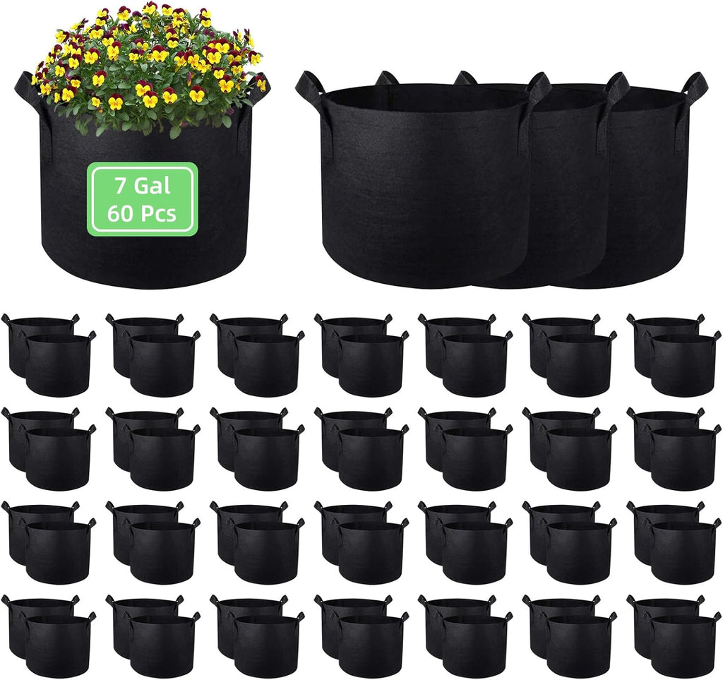 7 Gallon Garden Grow Bags, 60 Pack 7 Gal Planter Fabric Pot, Nonwoven Grow Bags Heavy Duty Aeration Fabric Pots with Handles, Garden Planters for Vegetables Flowers (7 Gal)