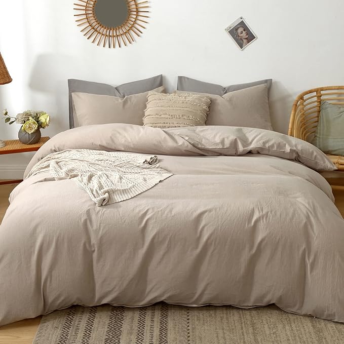 MooMee Bedding Duvet Cover Set 100% Washed Cotton Linen Like Textured Breathable Durable Soft Comfy (Heathered Taupe, Cal King 104"x98")