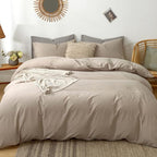 MooMee Bedding Duvet Cover Set 100% Washed Cotton Linen Like Textured Breathable Durable Soft Comfy (Heathered Taupe, Cal King 104"x98")