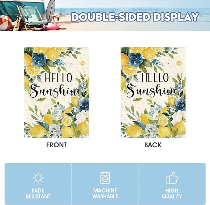 AVOIN colorlife Summer Lemon Floral Garden Flag 12x18 Inch Double Sided Outside, Hello Sunshine Seasonal Yard Outdoor Flag