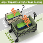 Collapsible Wagon with Wheels, 220 lbs Wagons Carts Foldable Wagon Cart with Flexible Handle, Lightweight Portable Folding Utility Grocery Shopping Cart for Grocery Sports Garden Camping, Green