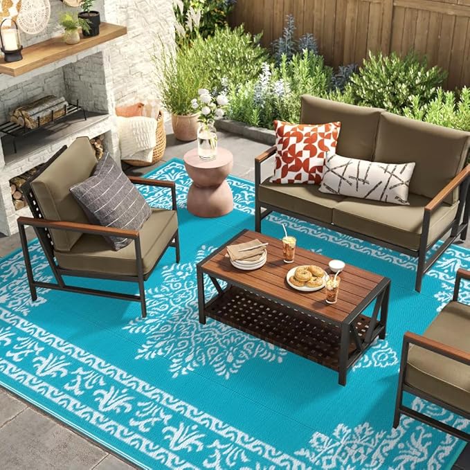 Yamaziot Outdoor Rug 9x18 Ft, Waterproof Plastic Straw Patio Rug, Reversible Backyard Carpet UV Resistant Portable RV Mat Clearance, Large Indoor Outdoor Rug for Patio, Porch, Deck, Balcony, Teal