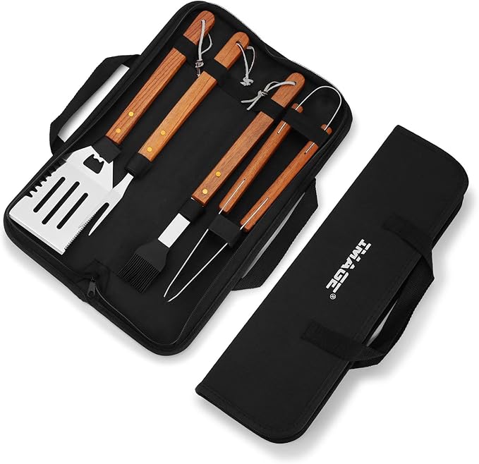 IMAGE Wooded BBQ Accessories Grilling Tools,Stainless Steel BBQ Tools Grill Tools Set for Cooking, Backyard Barbecue & Outdoor Camping Gift for Man Dad Women Barbecue Enthusiasts Set of 4