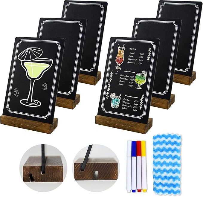 6 Pack Small Chalkboard Signs With Stand, 8x5'' Table Top With Wooden Base, Double-Sided Mini for Food Message Boards Restaurant Bar Party Store Decoration