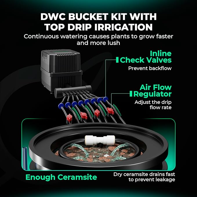 MARS HYDRO DWC Hydroponics Grow System 5 Gallon Deep Water Culture with Recirculating Drip Garden System 11W Air Pump, Multi-Purpose Air Hose, Air Stone, 4 Buckets and Top Drip Kit