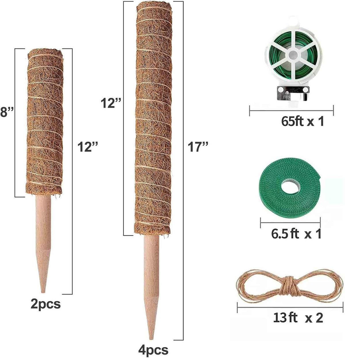 6 Pcs Moss Pole Extending to 68 Inches for Plants Monstera, Plant Support Stakes for Indoor Climbing Plants Grow Upwards, with 65ft Twist Ties, 13ft Jute Rope, 6.5ft Hook-and-Loop Strip
