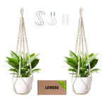 LEWESU Macrame Plant Hanger Indoor Set of 2 with 4 Hooks, Indoor Outdoor Hanging Planter for Plants Holder with Decorative Wood Beads & No Tassels, Boho Home Decor, 35 Inch Ivory (Pots Not Included)