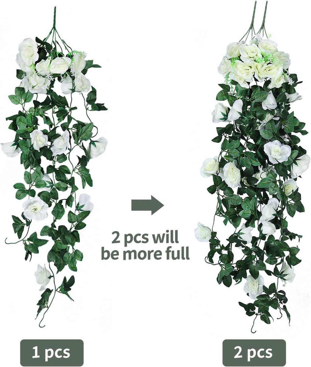 Artificial Hanging Rose Plant 4Pieces 3.3Ft Faux Ivy Plants Fake Outdoor Flowers Vines,UV Resistant for Wedding, Home, Office, Arch,Arrangement Decoration (White)