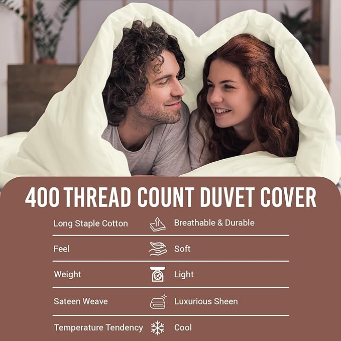 Pizuna Pure 100% Cotton King Duvet Cover Set, Luxurious 400 Thread Count Long Staple Cotton Sateen Weave with Button Closure (Combed Off White Cotton Duvet Cover King)