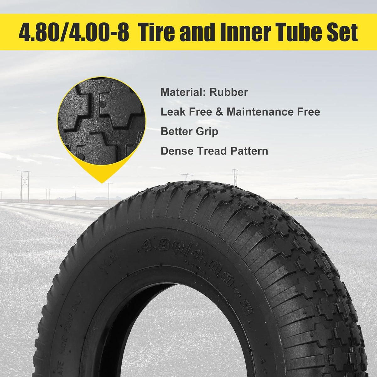 Upgrade 4.80/4.00-8 Tire and Inner Tube Set - Thick Replacement Pneumatic Rubber Wheelbarrow Tire - Wheel Barrow Wheels and Tires for Hand Truck Garden Cart 1 Pack